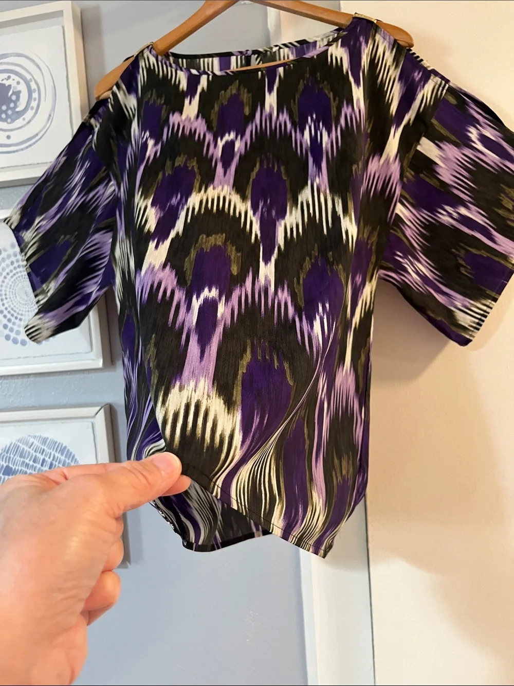 Michael Kors Cold Shoulder Purple and Black Ikat Short Sleeve Blouse Size M